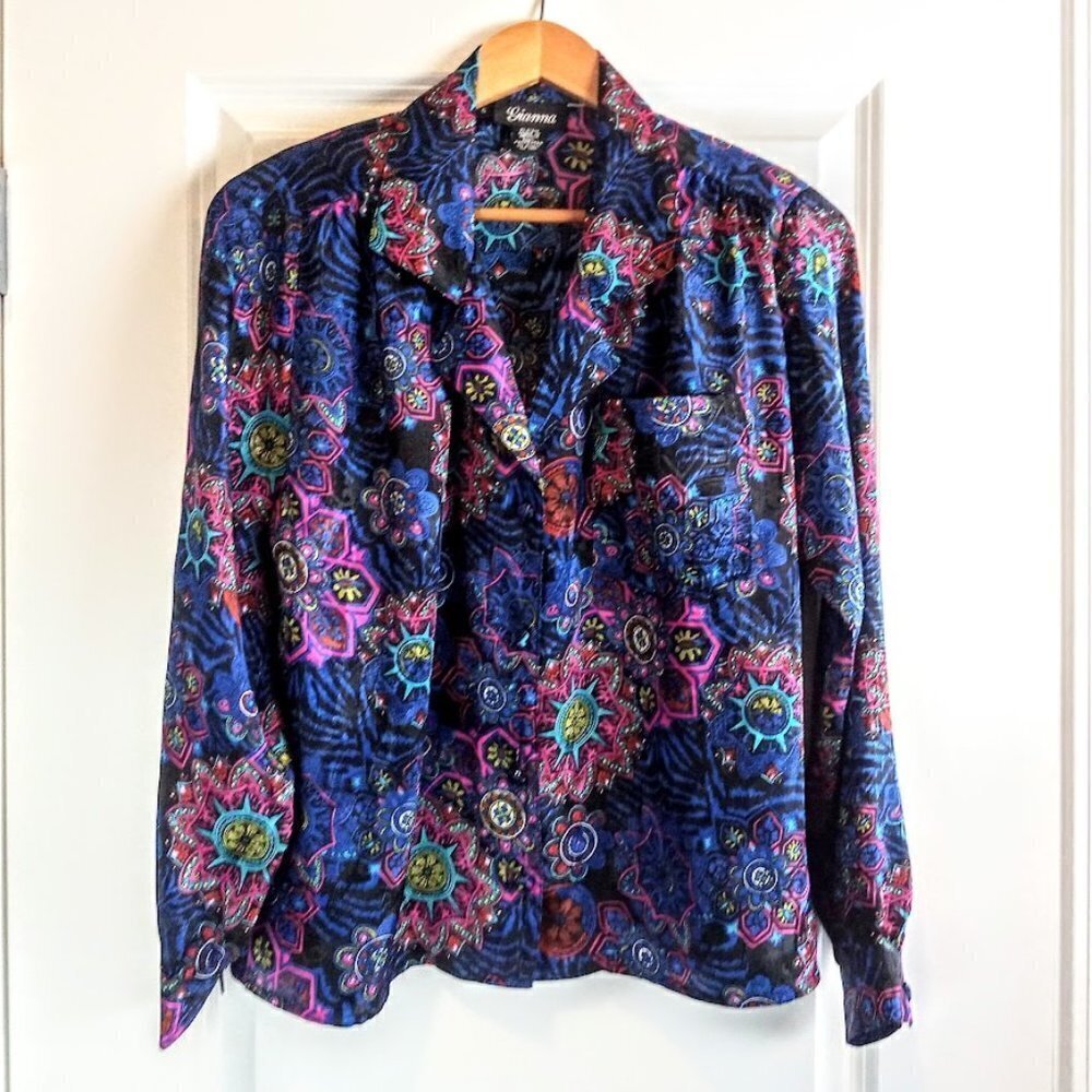 Gianna Multicolor Print Jacquard Long Sleeve Blouse